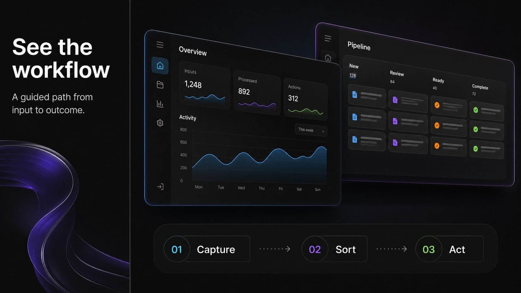 Black app demo slide showing a clean interface walkthrough with editable product screens.