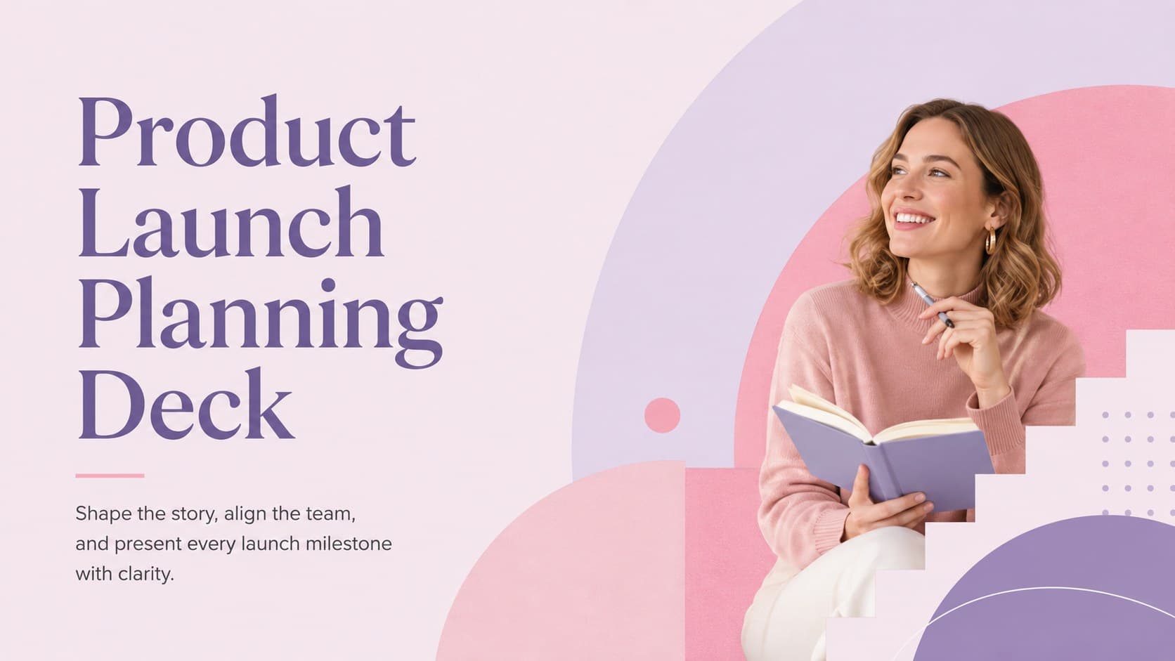 Cover of a pink and purple Product Launch Planning Deck with modern geometric accents.