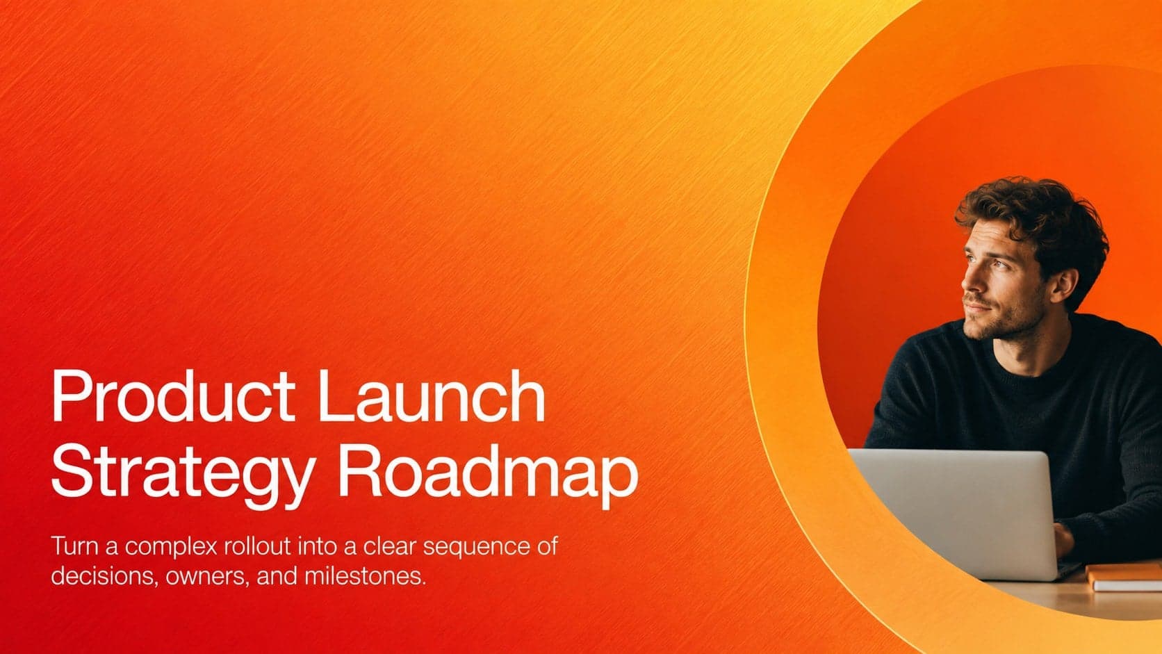 Product Launch Strategy Roadmap cover with bold orange-red gradient typography and a modern grain-textured background.