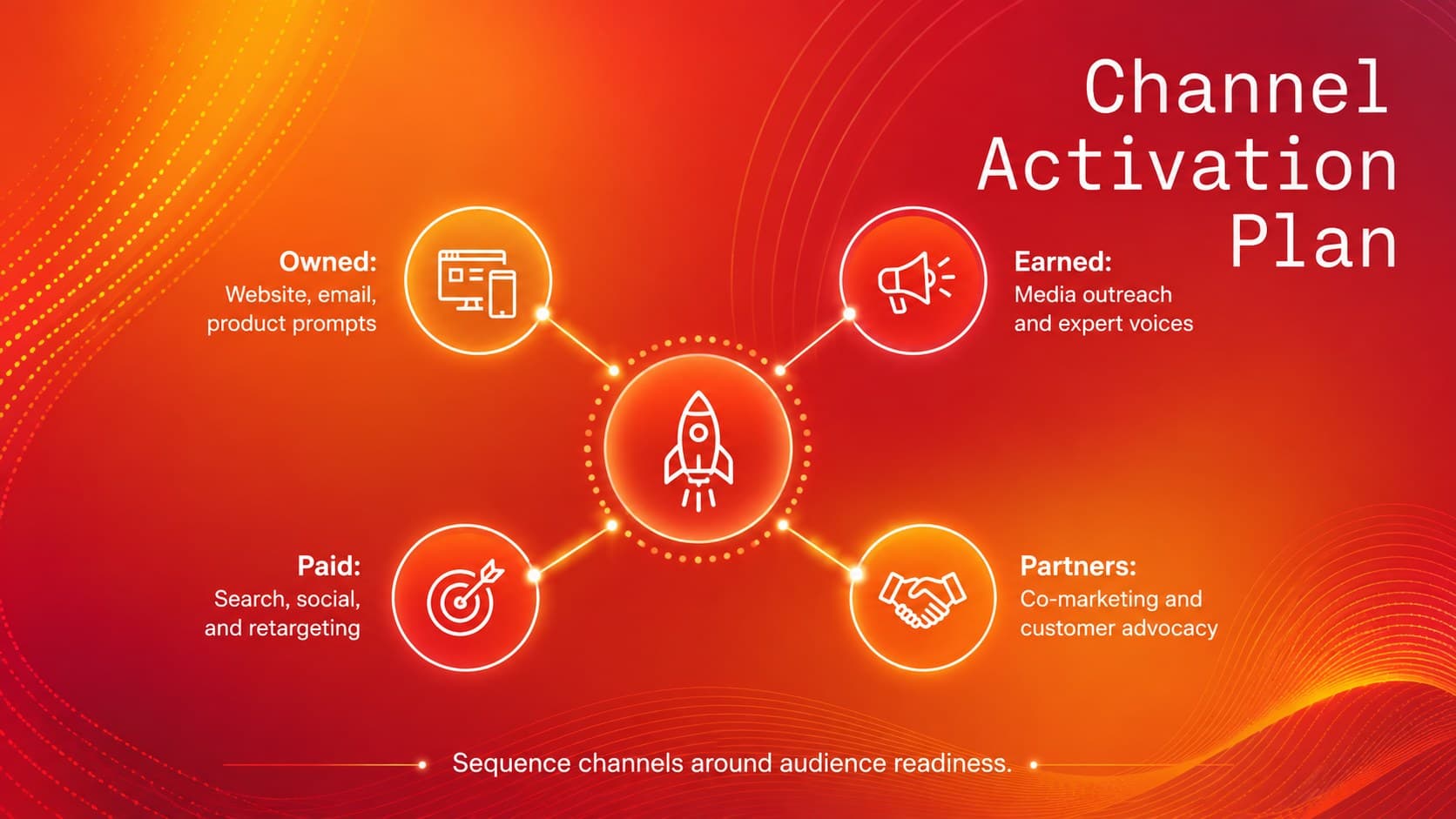Launch channel plan mapping owned, earned, paid, and partner campaign activity.