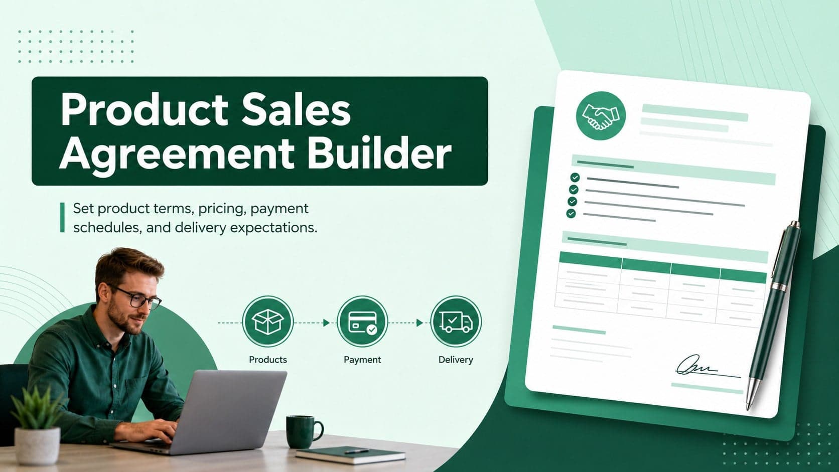 Bold green cover for a Product Sales Agreement Builder with modern commercial document styling.