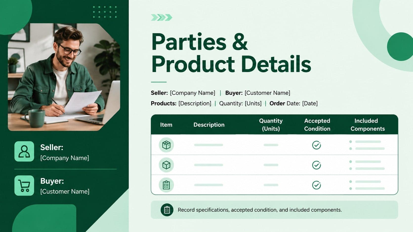Product purchase agreement presentation outlining seller, buyer, goods, and transaction details.