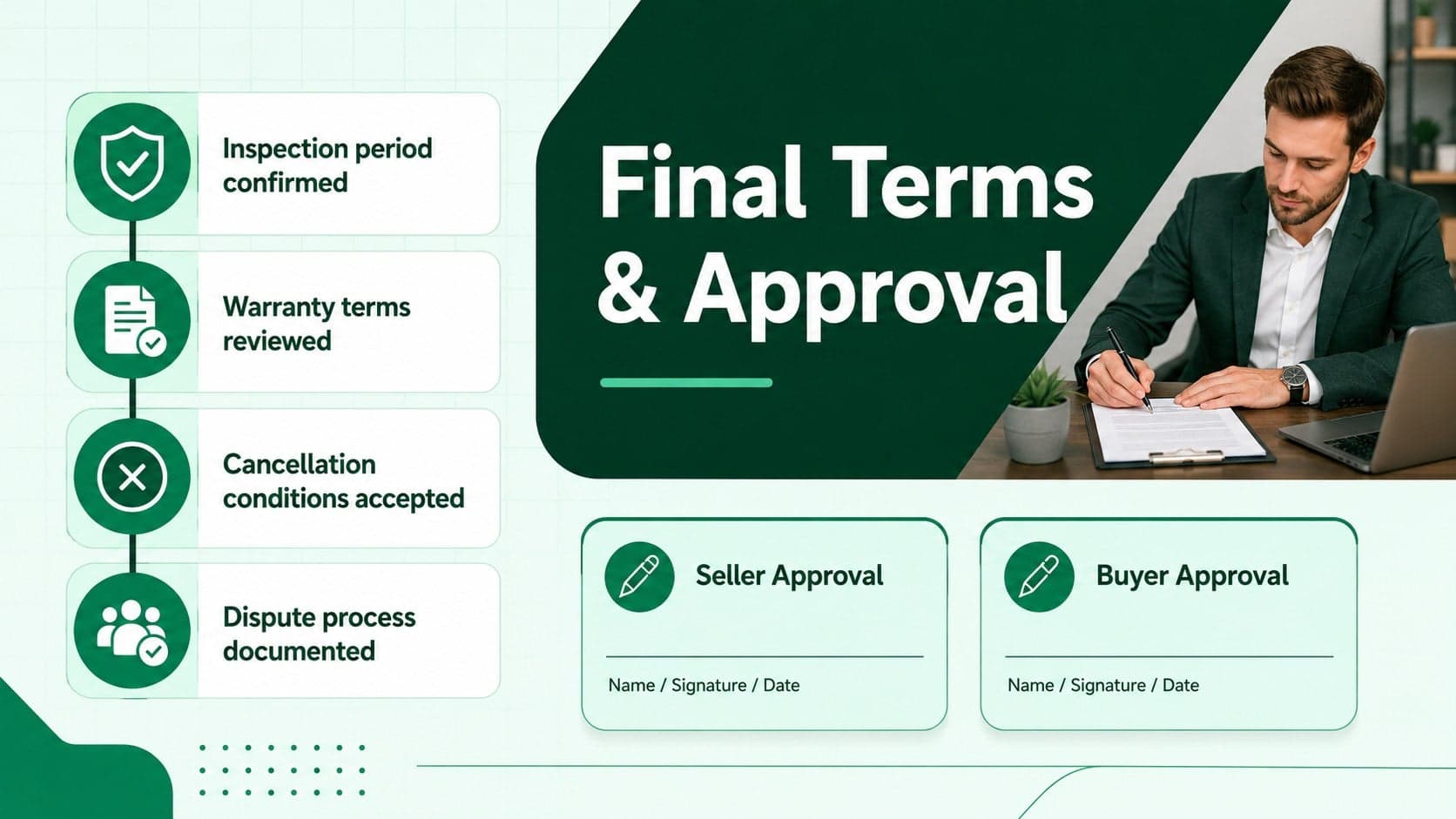 Commercial sales agreement deck showing warranties, approval checks, and signature fields.