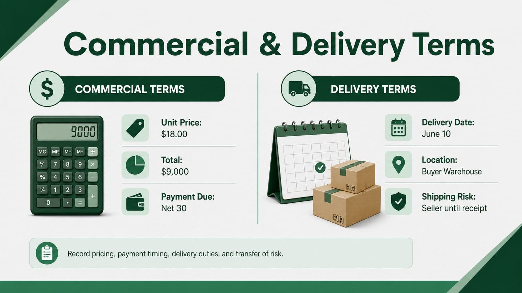 Green product delivery and payment terms template slide with pricing and shipment details.