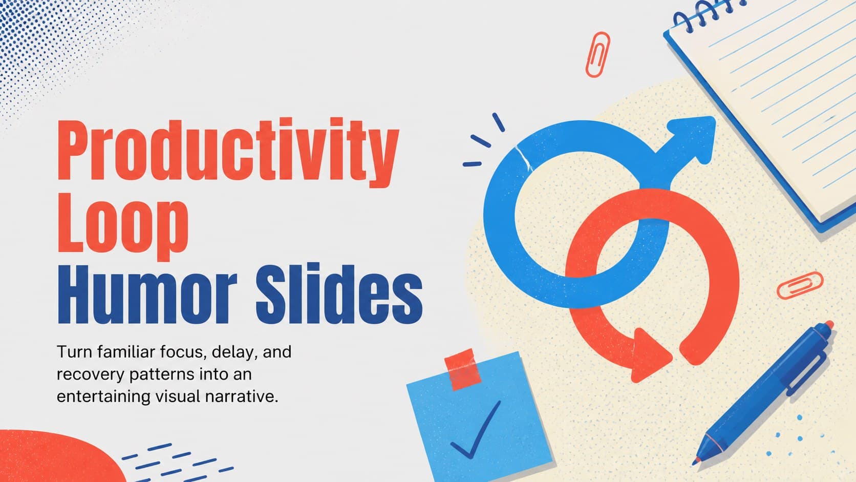 Cover for Productivity Loop Humor Slides with bold typography, playful workflow illustrations, and a colorful grey background.