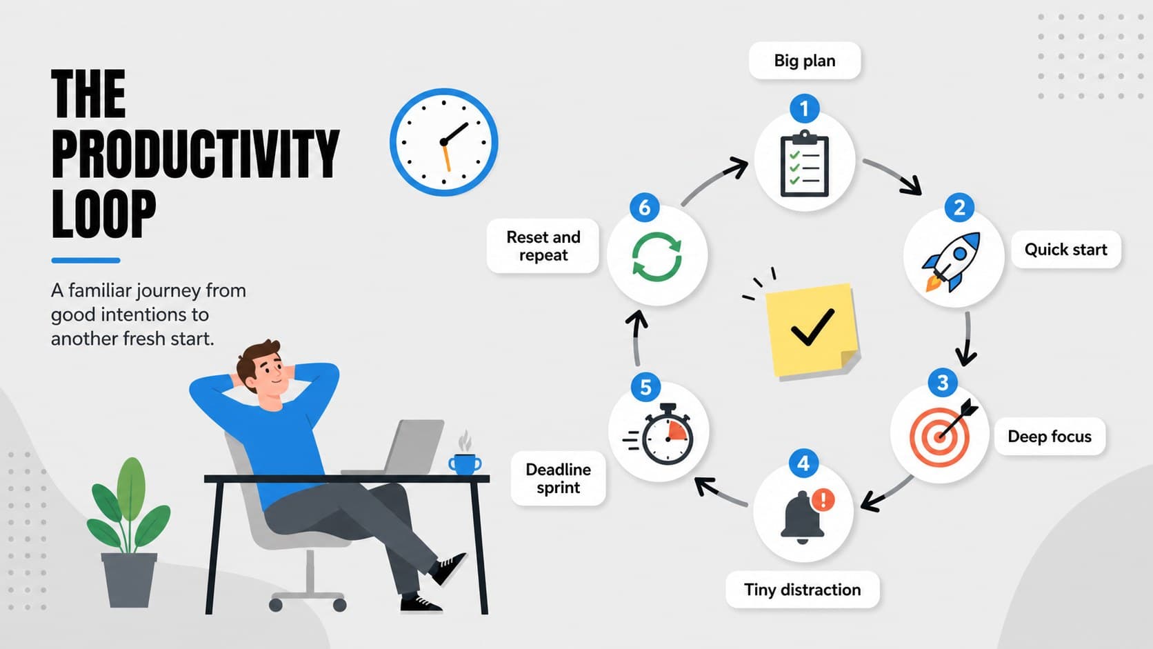 Funny productivity cycle presentation showing six stages from ambitious planning to a practical restart.