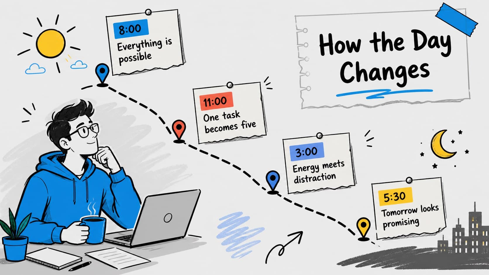 Editable productivity loop diagram illustrating how a confident morning plan changes throughout the day.