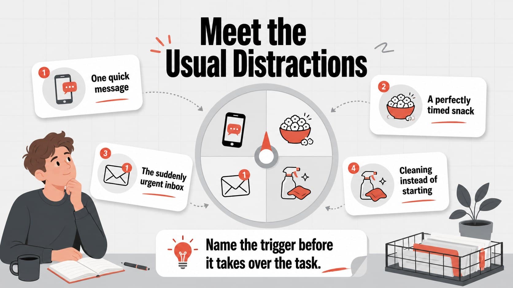 Procrastination cycle presentation slide mapping common distraction triggers and their effects on focus.