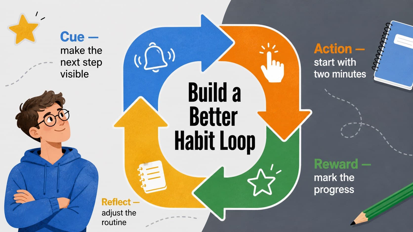 Work habit loop infographic template presenting cue, action, reward, and reflection as an editable process.