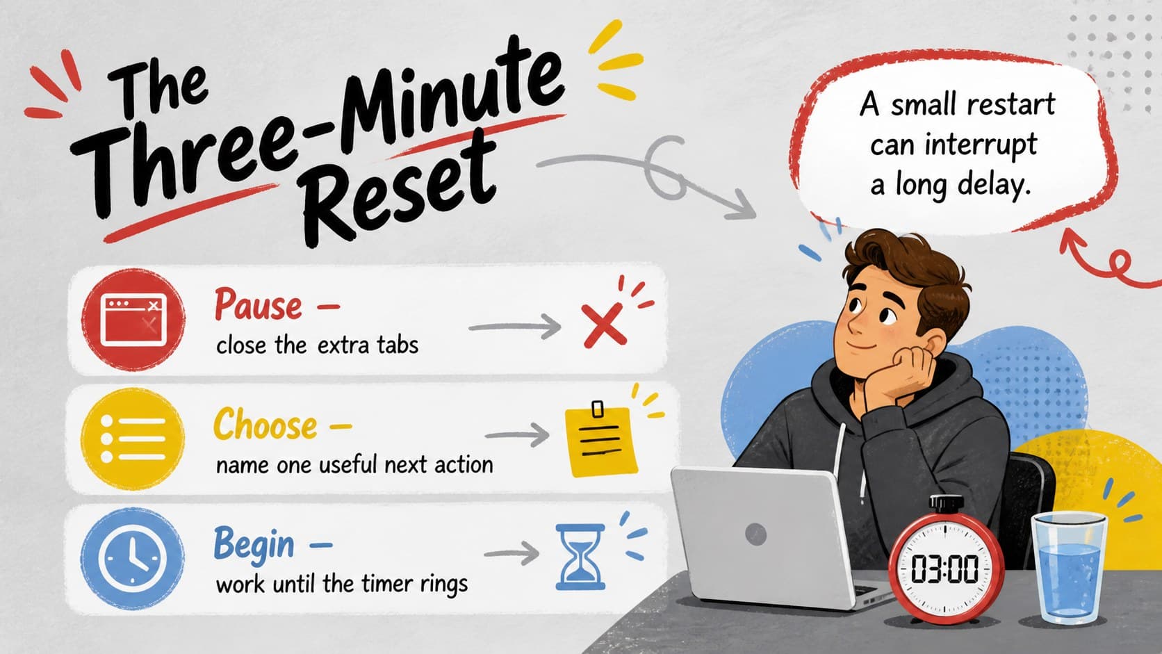 Productivity workshop visual aid with practical reset strategies for regaining attention after distraction.