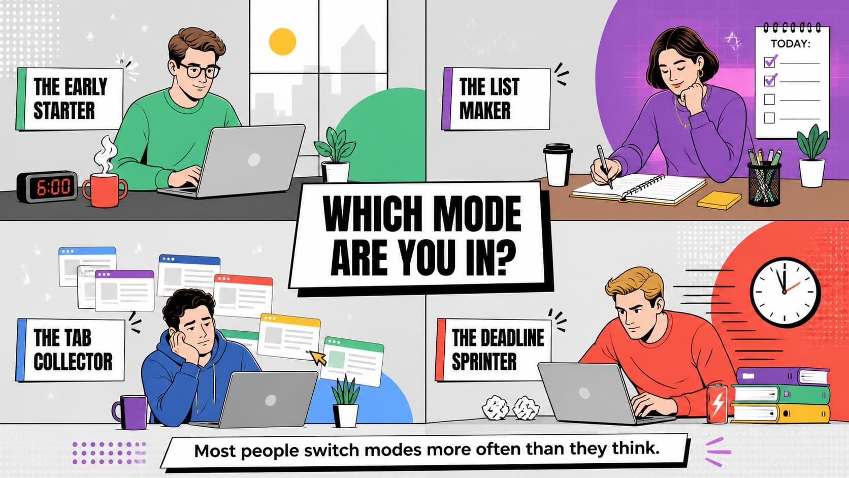 Funny workflow presentation for teams displaying four recognizable work styles in an illustrated grid.