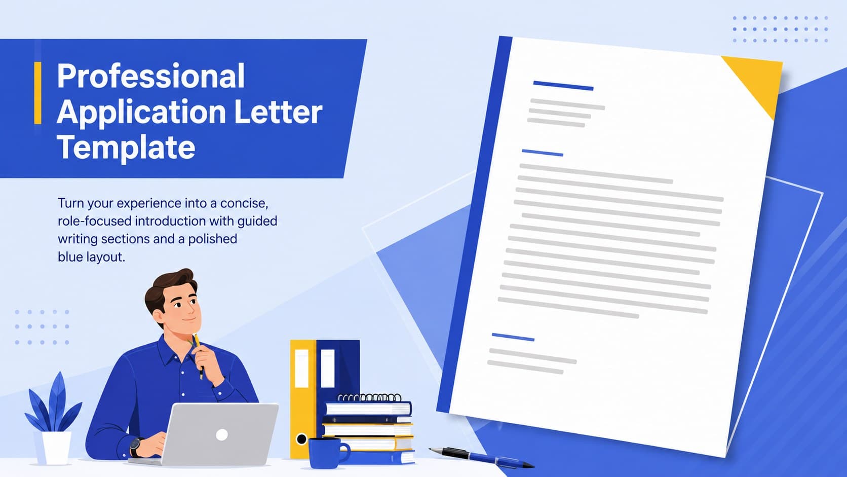 Cover of a professional application letter template with a modern blue, white, and yellow career-focused design.