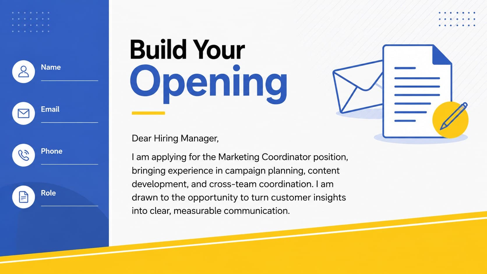 Editable employment introduction deck slide showing a structured opening paragraph and professional contact details.