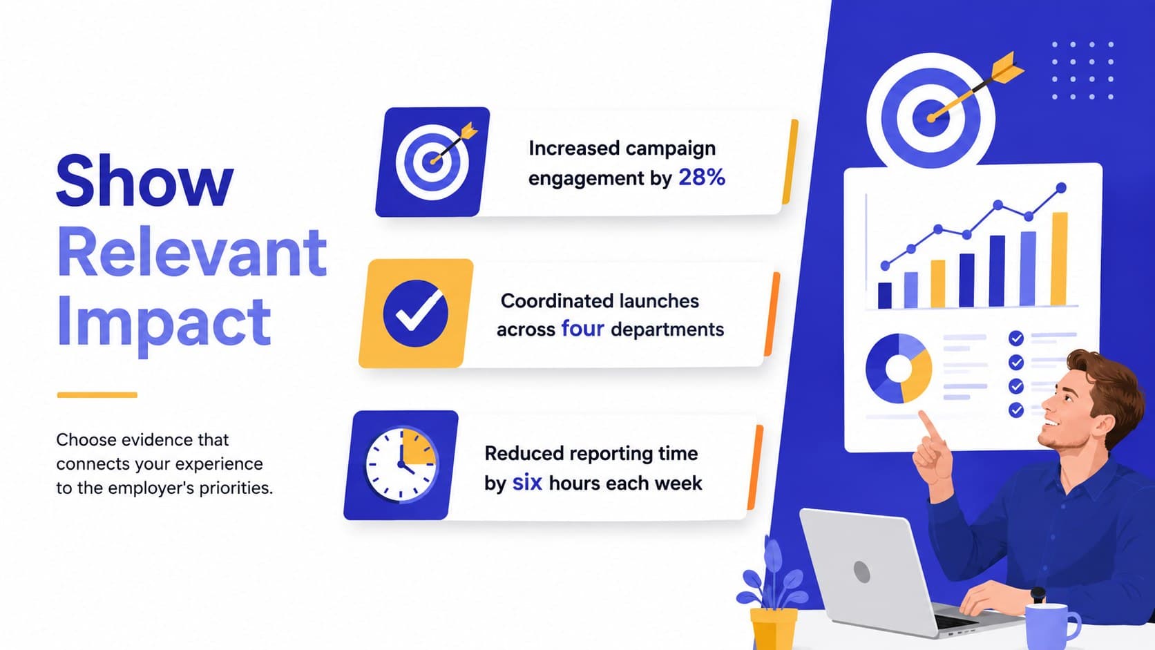 Blue professional cover letter layout highlighting three measurable candidate achievements and workplace strengths.