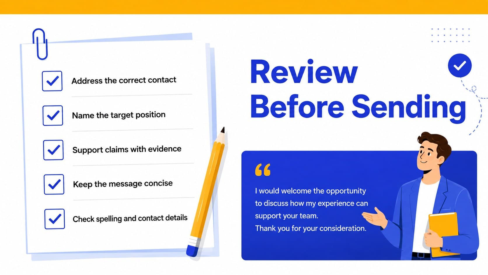 Professional job introduction layout with a final application letter review checklist and closing statement.