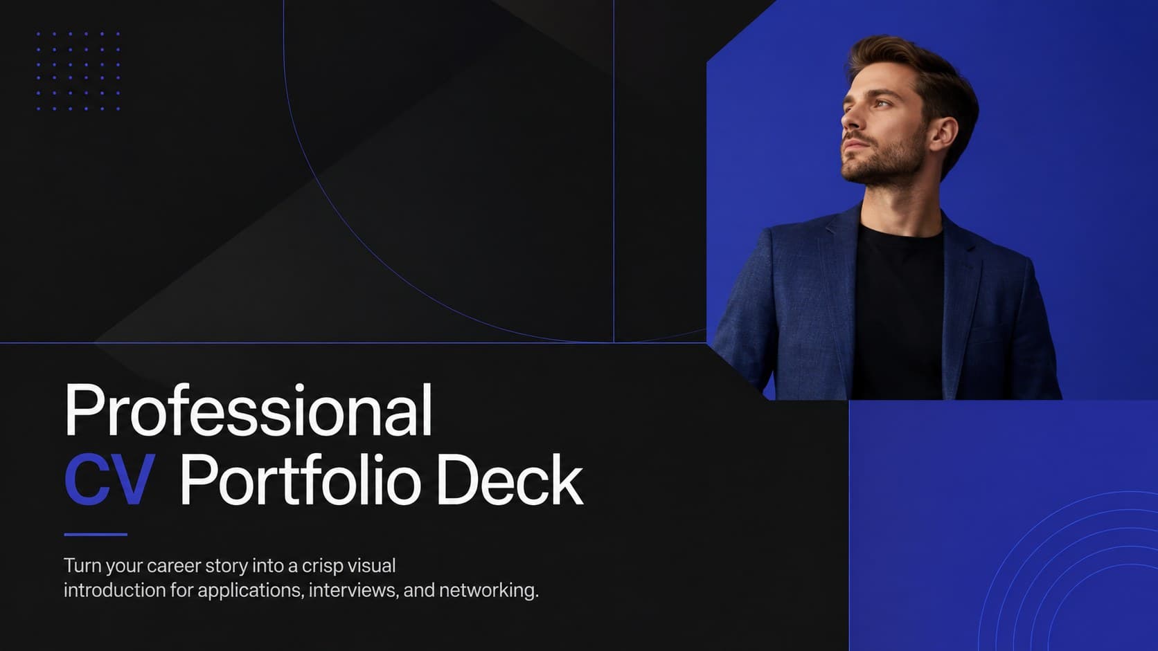 Professional CV portfolio deck cover with bold black typography, blue accents, and a modern candidate portrait.