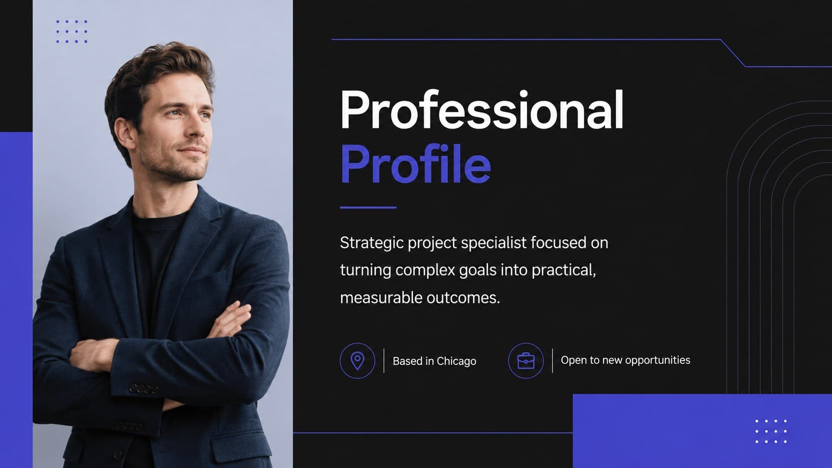 Professional profile slide introducing a candidate through a concise biography, portrait, and career focus.