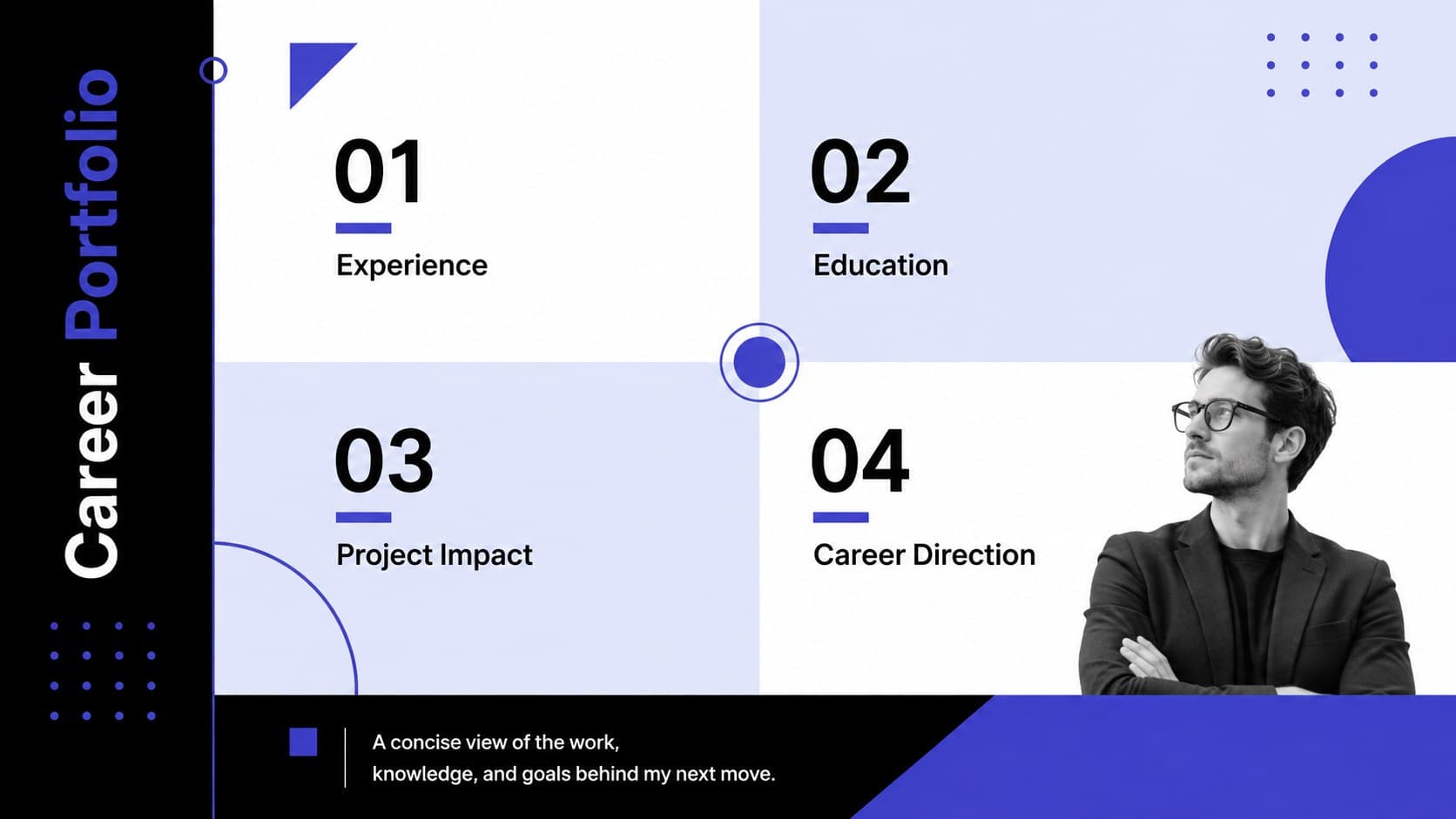 Career portfolio overview slide outlining experience, education, project impact, and professional direction.