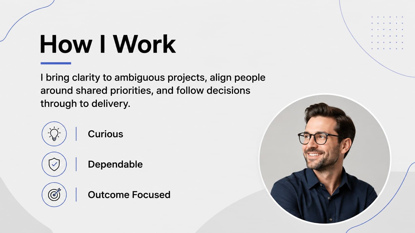 About me presentation slide featuring a personal statement, working principles, and an original professional portrait.