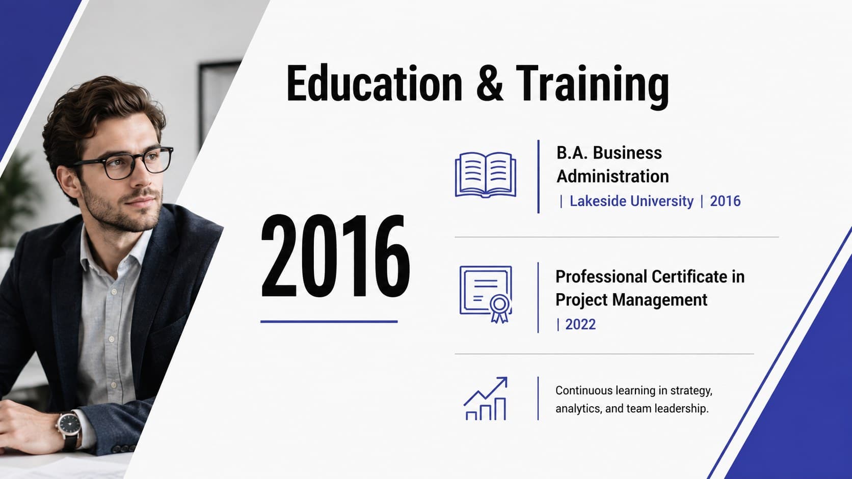 Education and training slide for a professional CV presentation template with degree and certification details.