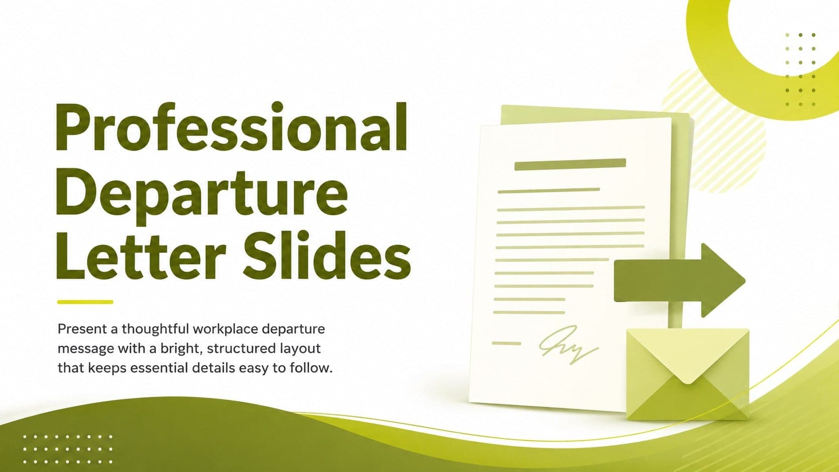 Bright green and yellow cover slide introducing a professional departure letter slides deck.
