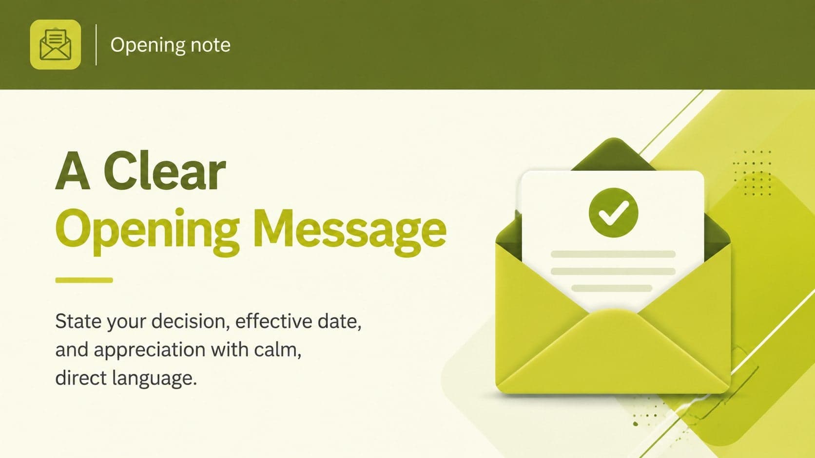 Green and yellow presentation slide showing a clear opening message for a workplace departure announcement.