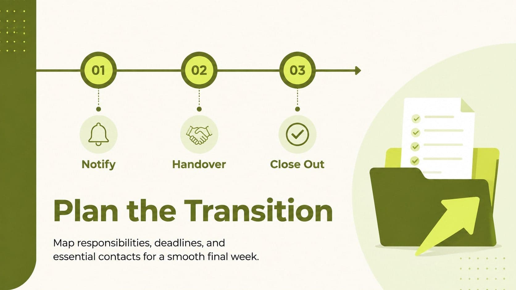 Editable green and yellow transition planning slide organizing handover details and next steps.