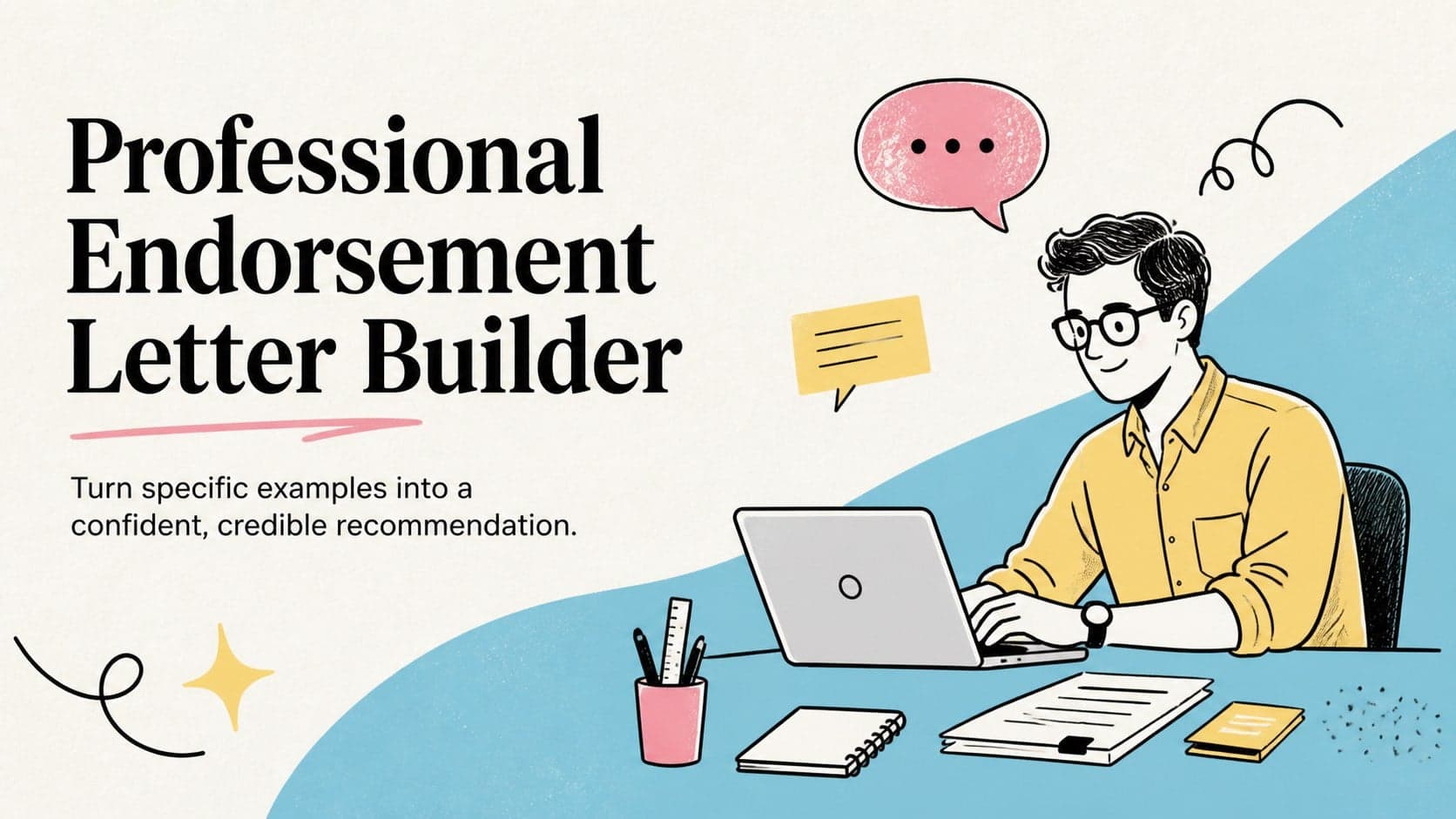 Cover of the Professional Endorsement Letter Builder with bold modern typography and colorful illustrated accents.