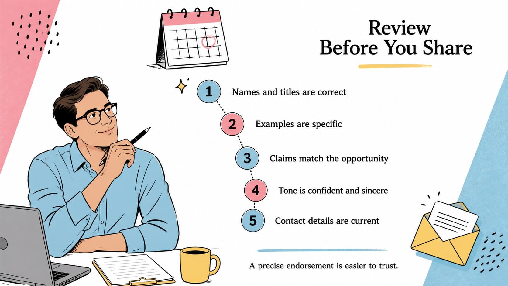 Manager endorsement letter guide with a final review checklist for accuracy, relevance, evidence, tone, and contact details.
