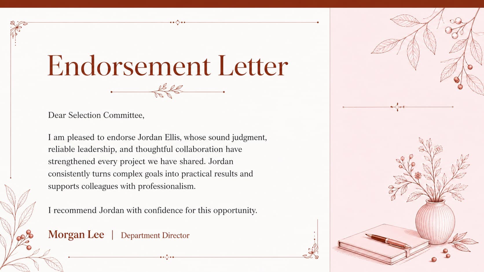 Editable employee endorsement letter presentation page with structured professional praise and signature details.