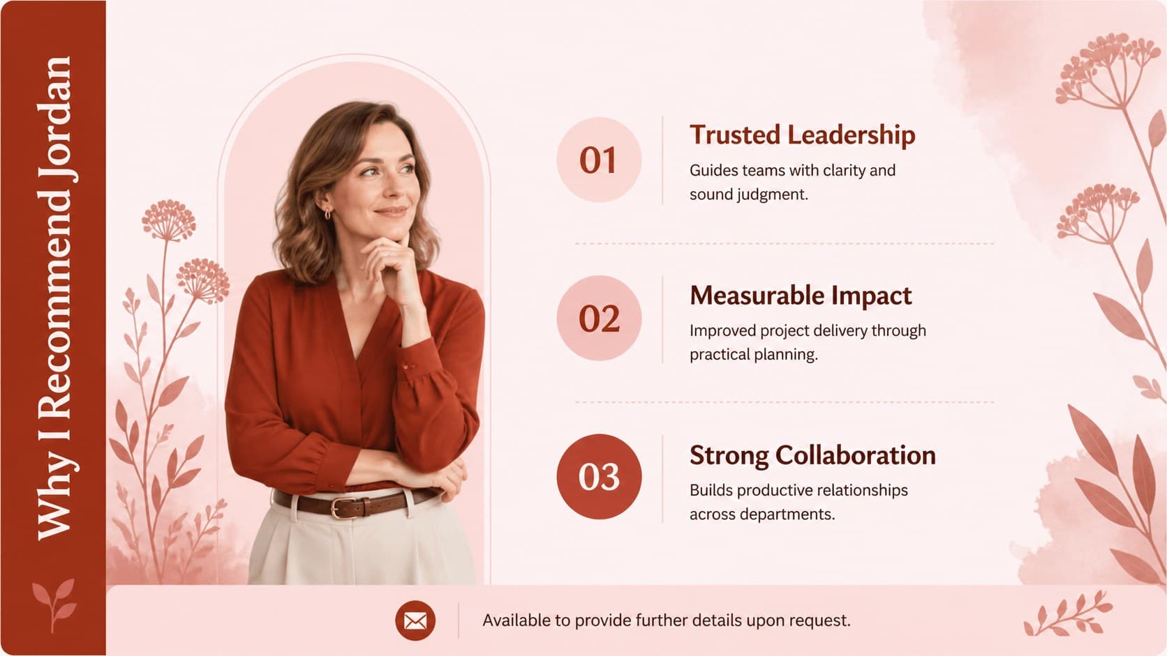 Professional character reference slide highlighting candidate strengths, evidence, and recommender contact information.