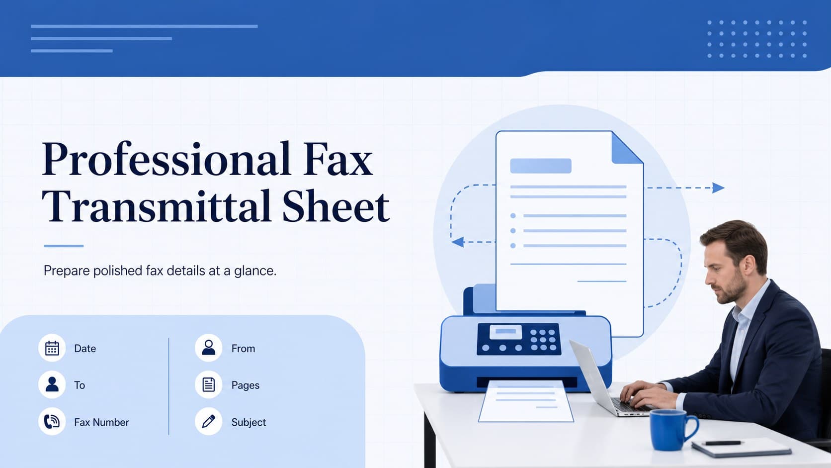 Blue cover slide introducing a Professional Fax Transmittal Sheet for organized business communication.