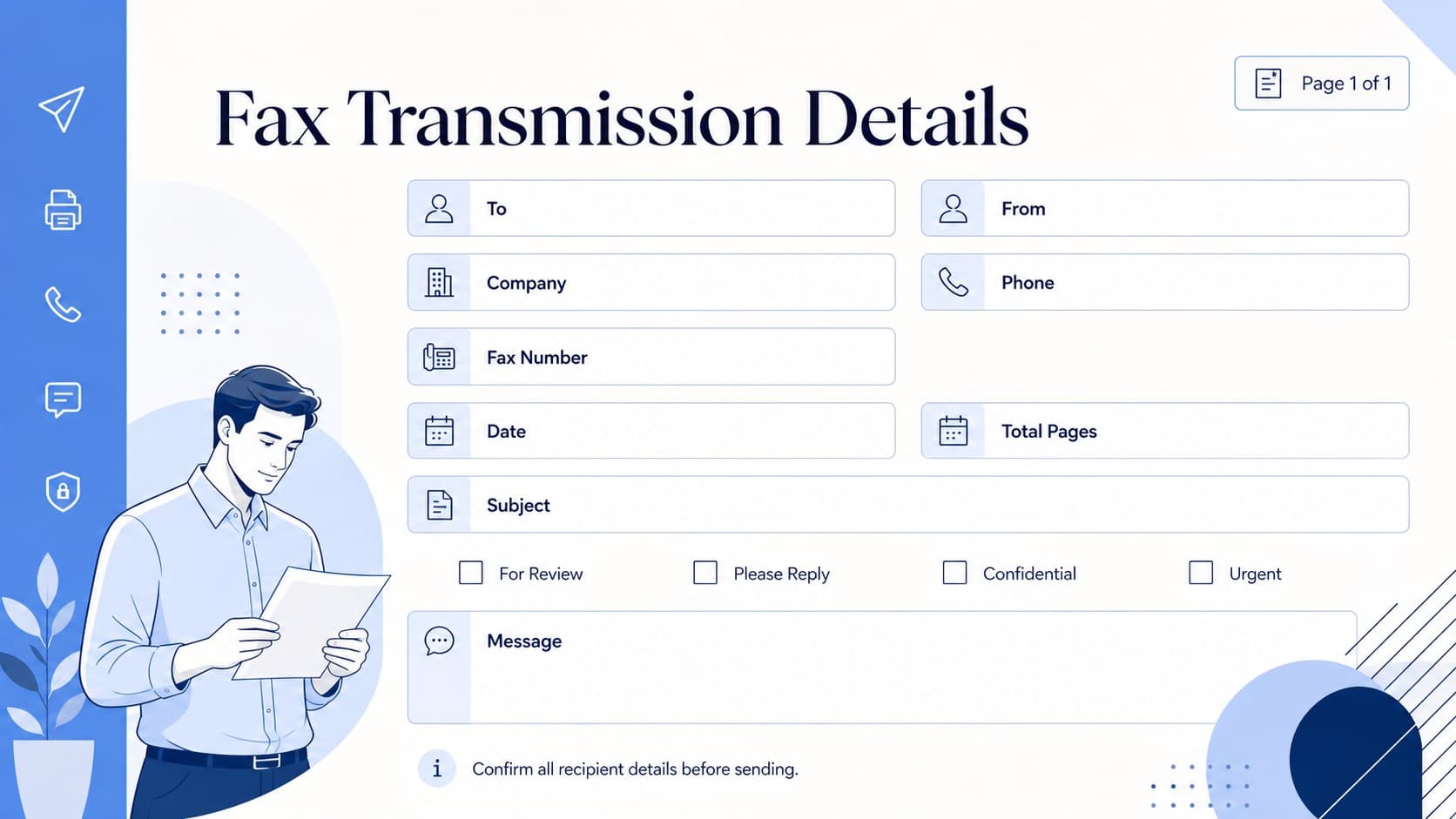 Editable fax transmittal template with sender, recipient, subject, page count, and message fields.