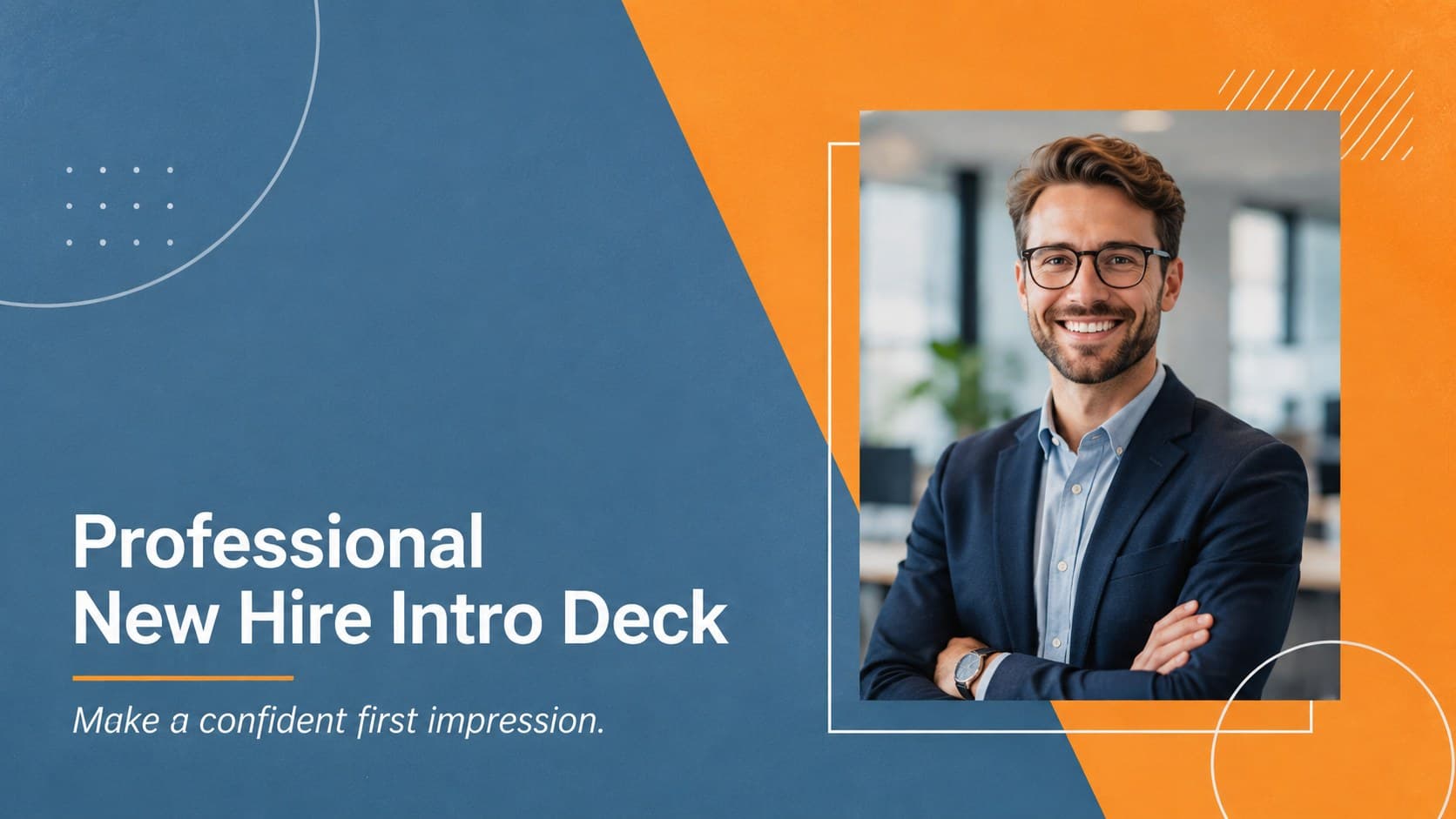 Cover of a professional new hire intro deck featuring bold orange and blue minimalist typography.