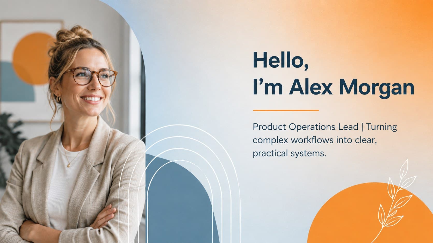 New employee introduction presentation slide with a portrait, name, role, and concise welcome message.