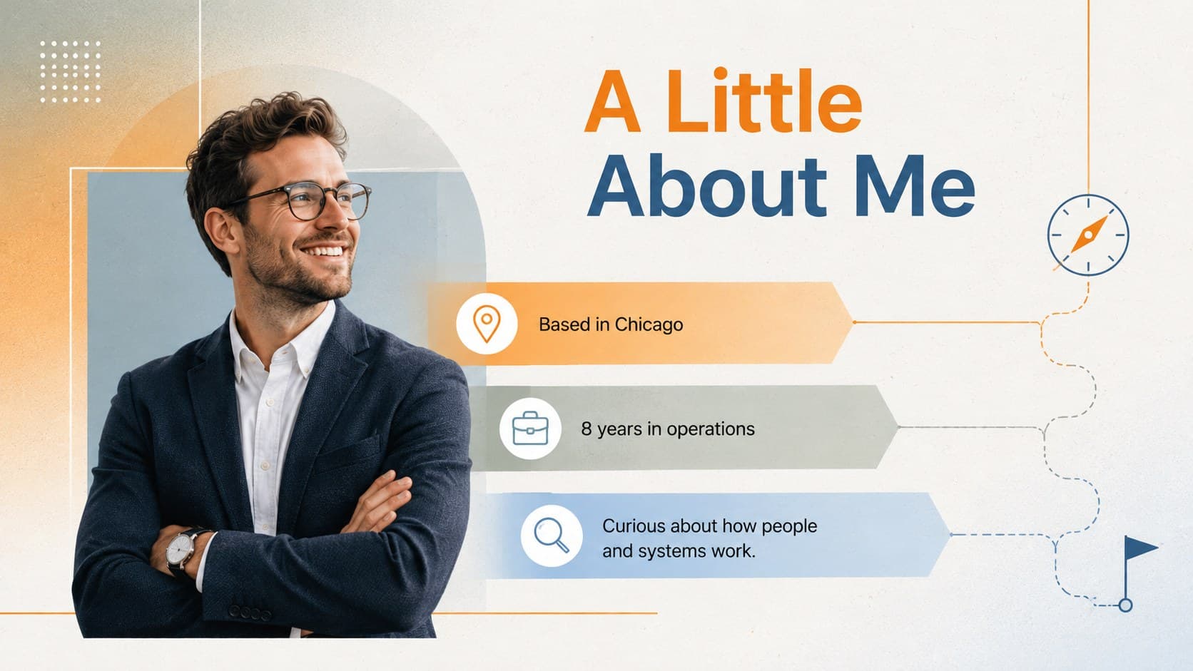 First day team introduction slide outlining the new hire's background in three concise points.