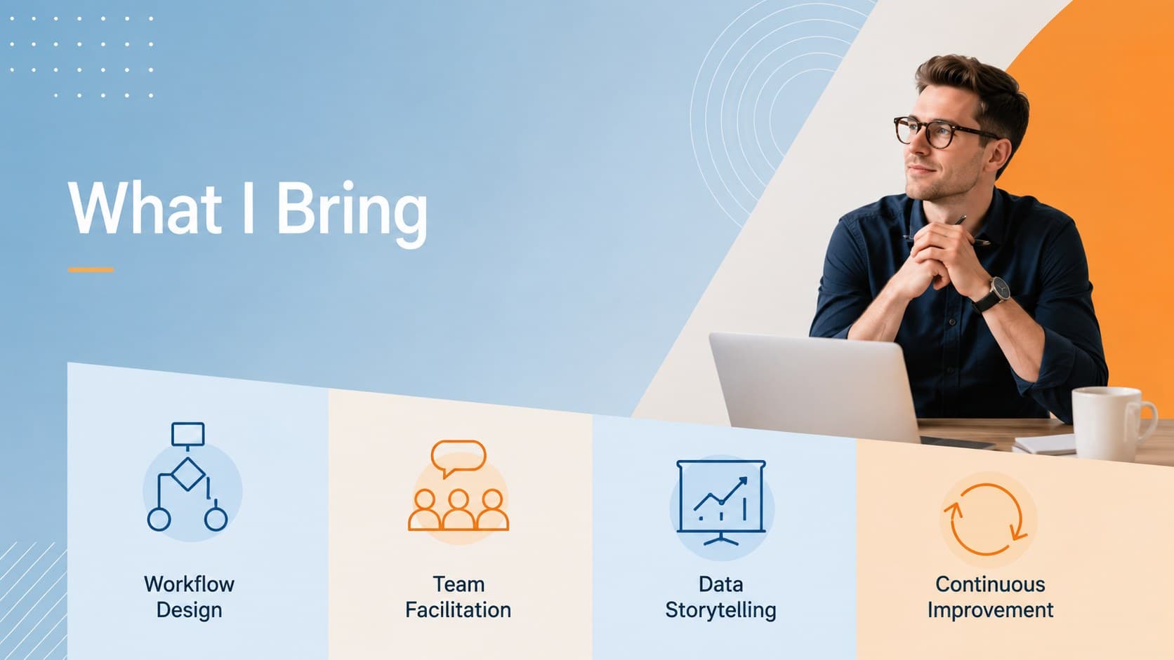 Employee onboarding introduction template slide showing four professional strengths.