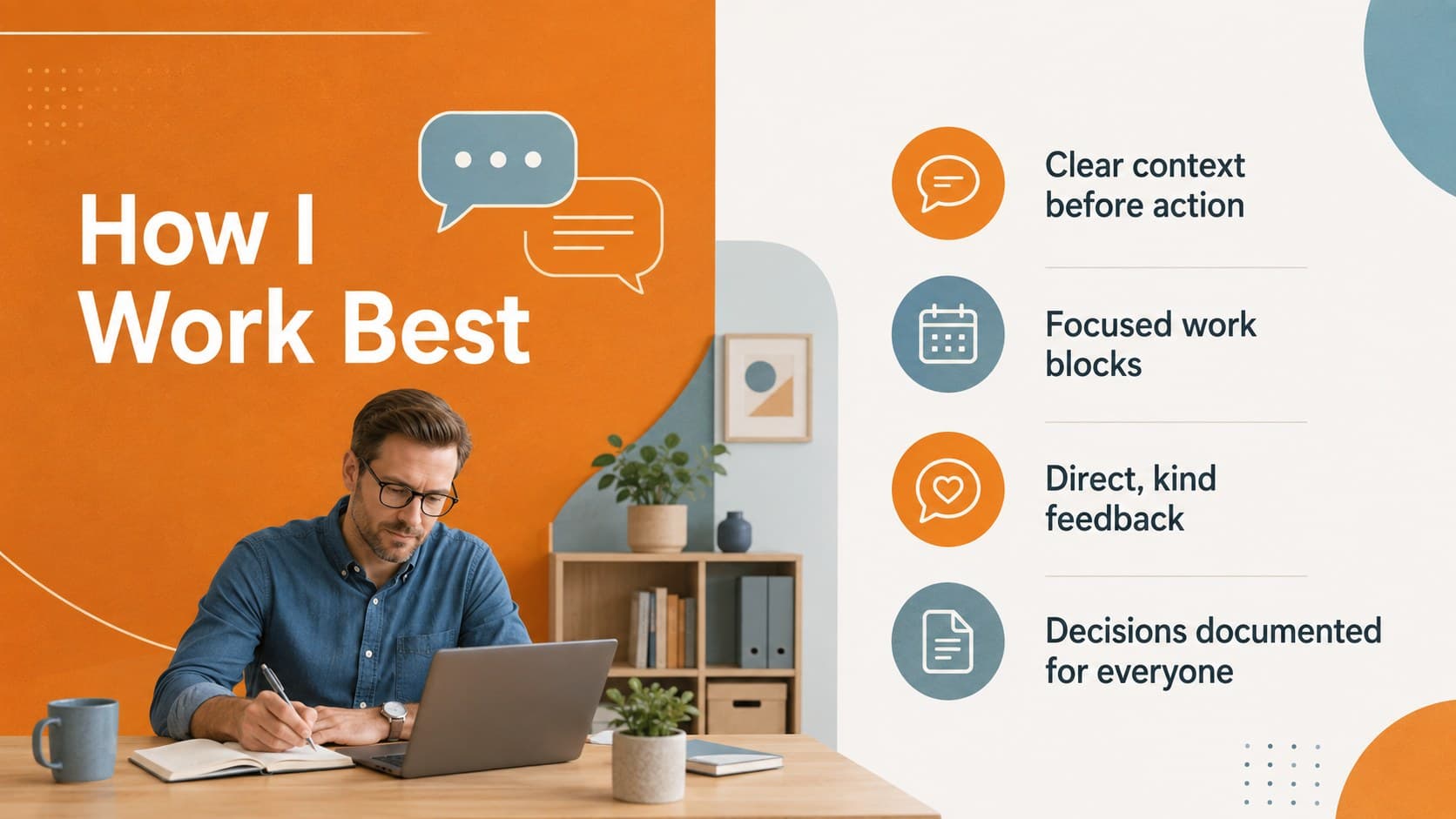 Professional new hire intro deck slide explaining communication and collaboration preferences.