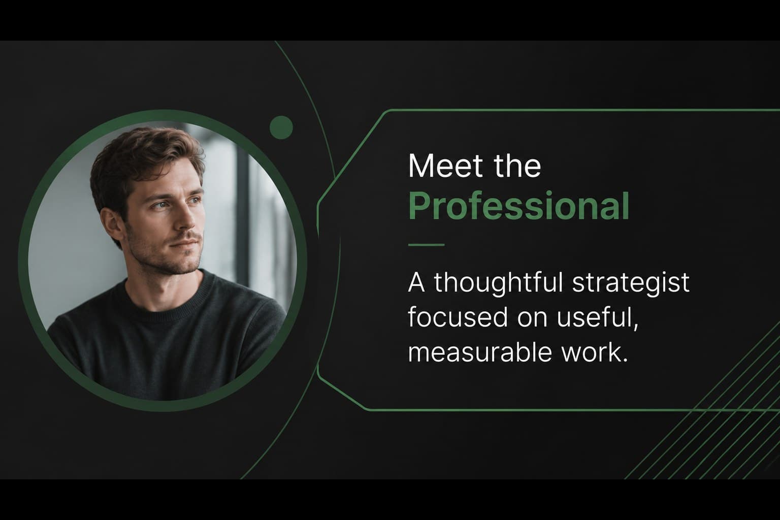 Professional profile presentation slide introducing a candidate with a portrait and short biography.