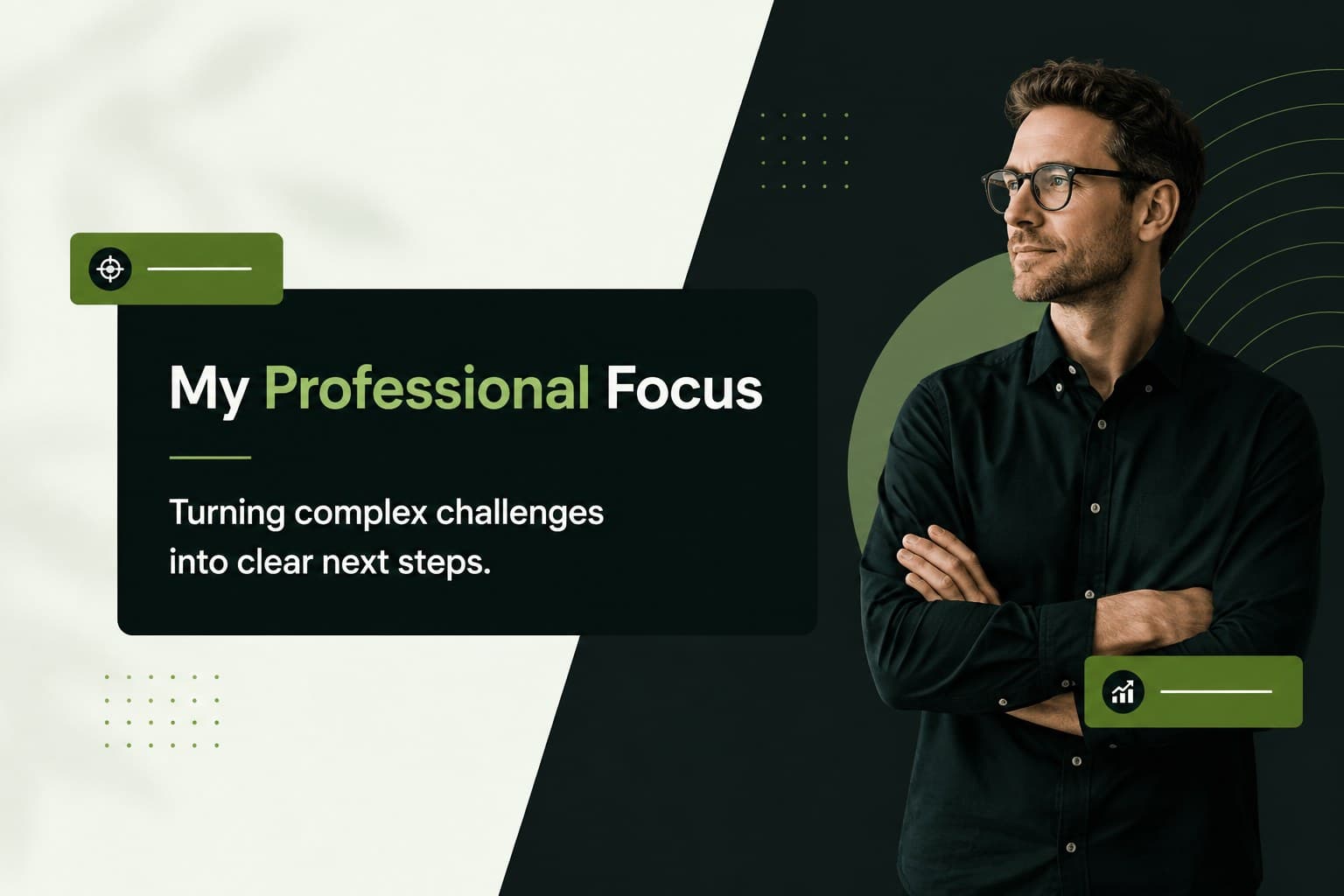 Career introduction slide showing a concise personal statement and professional focus areas.