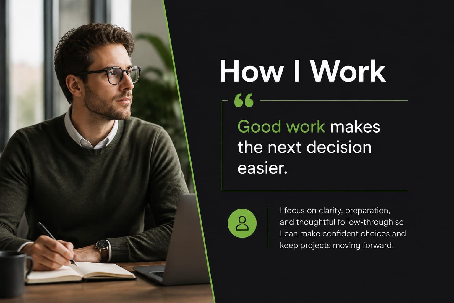 Professional bio deck slide combining a work philosophy statement with an editorial portrait layout.