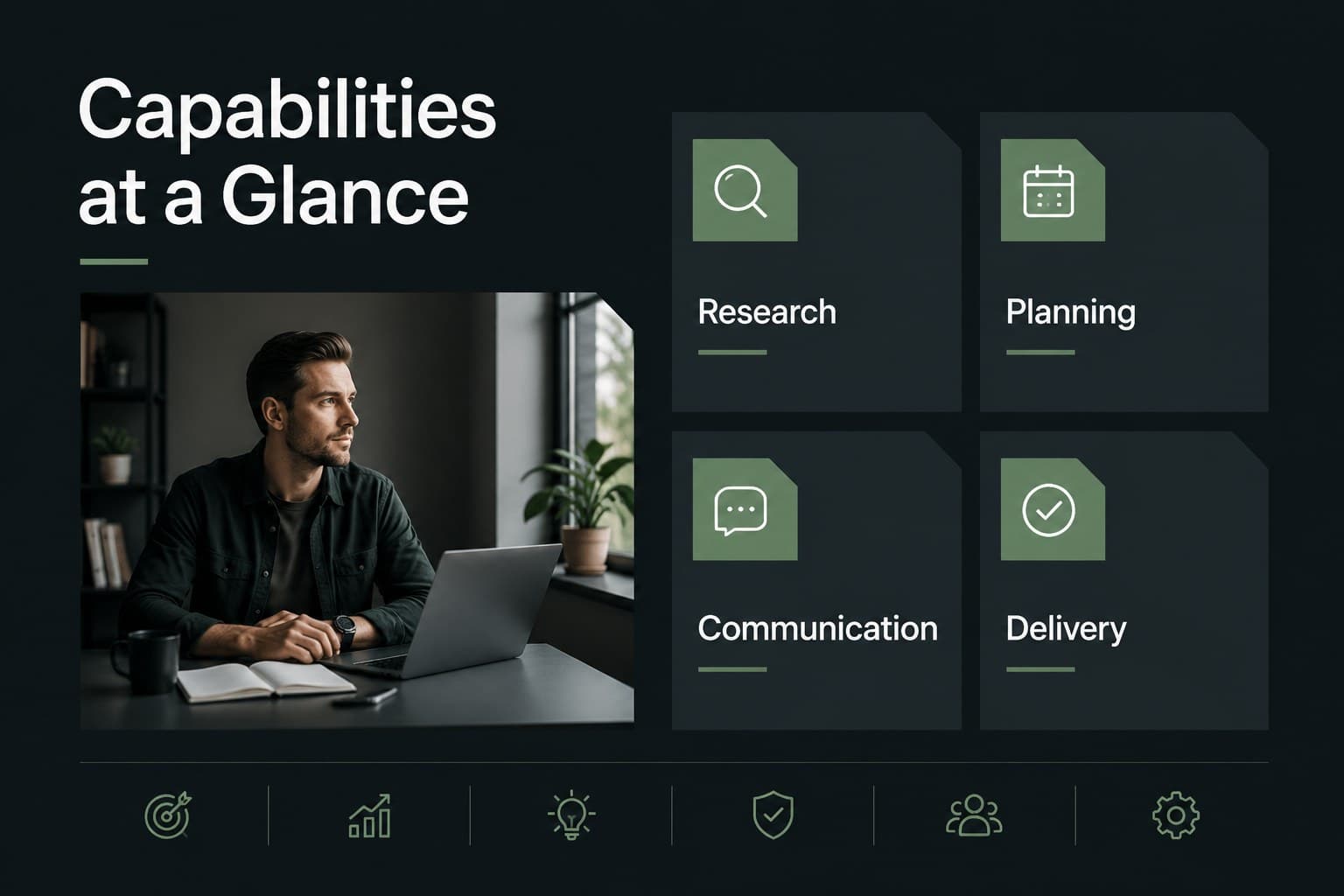 Professional profile slide displaying a structured overview of skills and working methods.