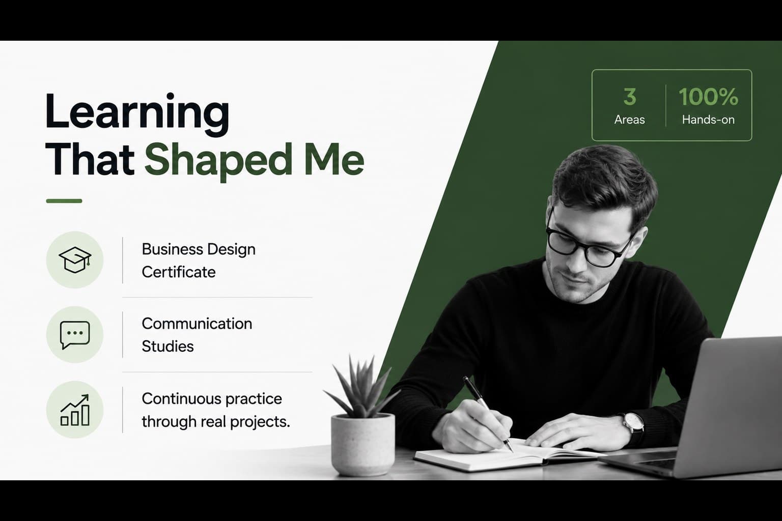 Career introduction presentation slide outlining education and professional development in a clean sequence.