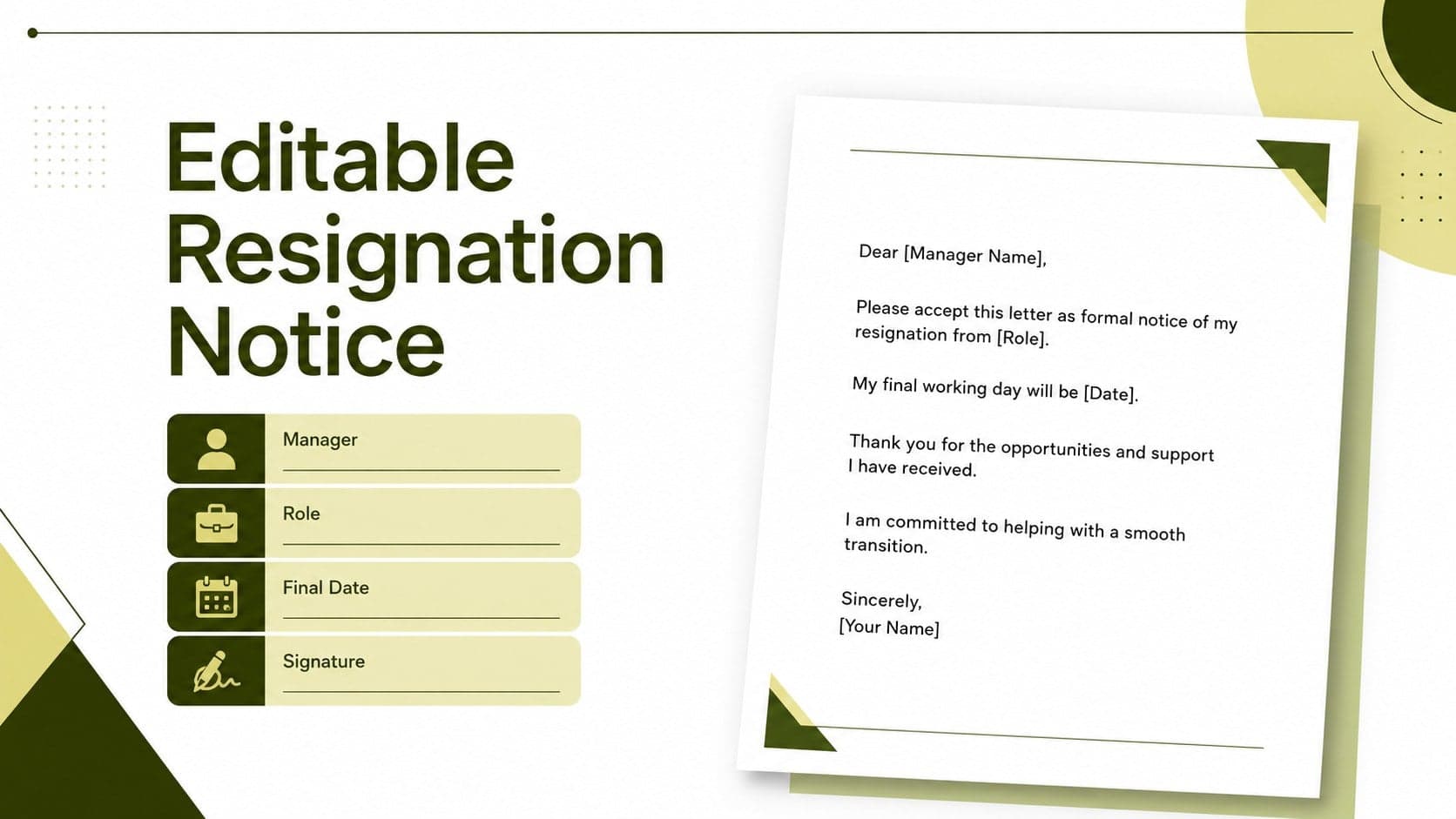 Editable employee resignation notice with sample wording and clearly marked personalization fields.