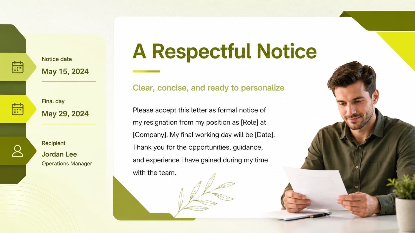 Professional resignation letter layout showing a structured notice statement, final working day, and appreciation message.