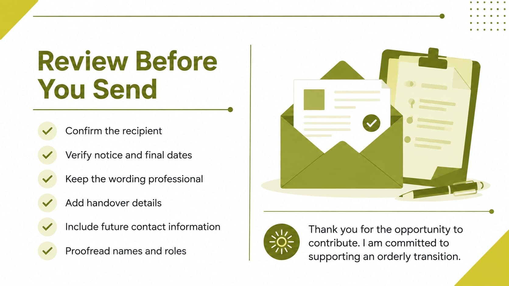 Resignation notice presentation template with a final review checklist for dates, recipients, gratitude, and contact details.