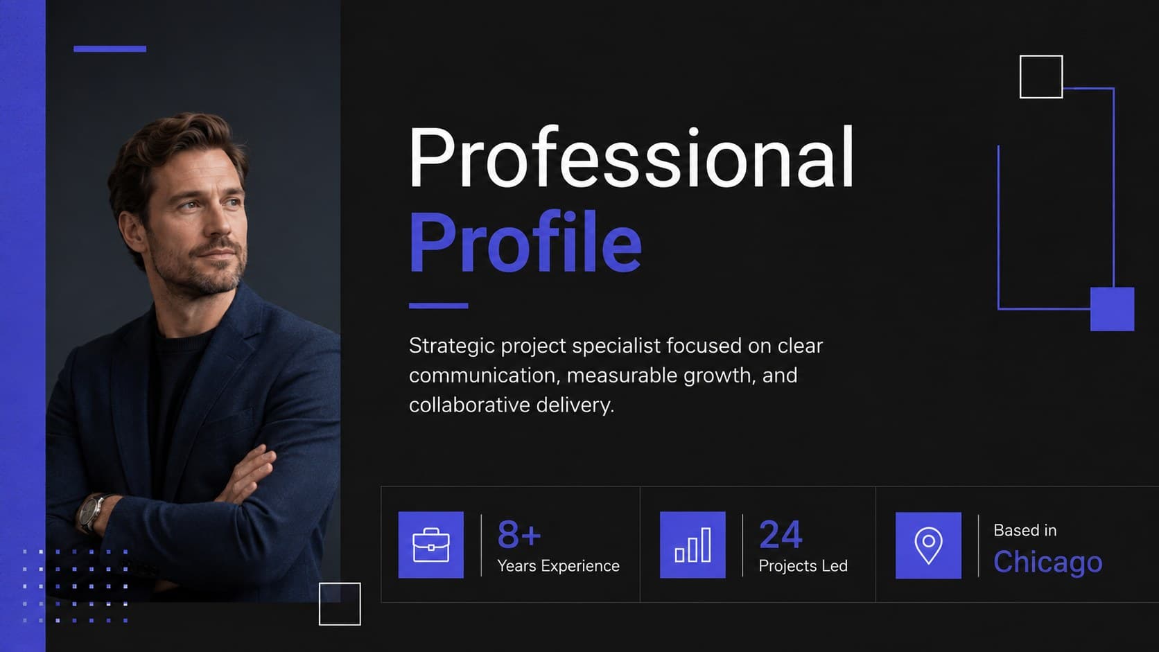 Professional profile slide featuring a concise career summary, contact details, and blue-accented personal branding elements.