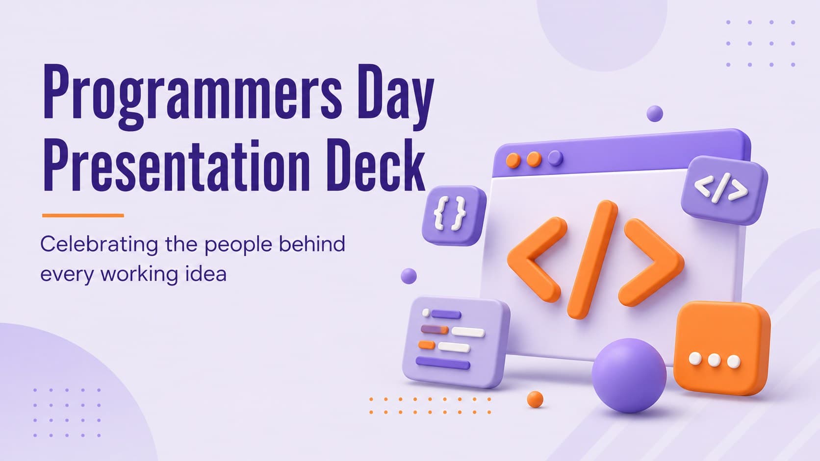 Cover slide for a programmers day presentation deck with bold violet and orange 3D coding graphics.