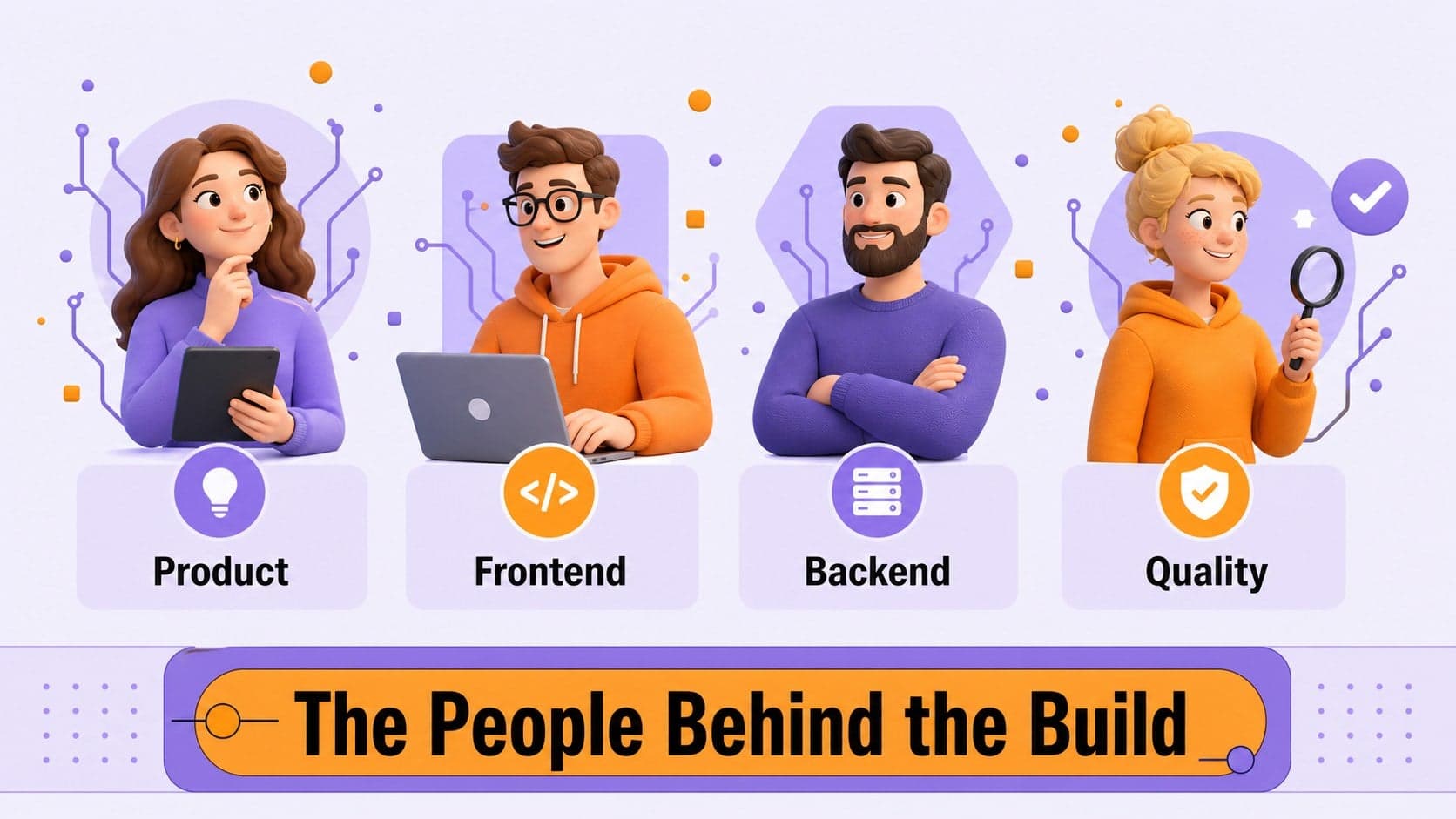 Team profile slide introducing developers and their roles with geometric 3D accents.