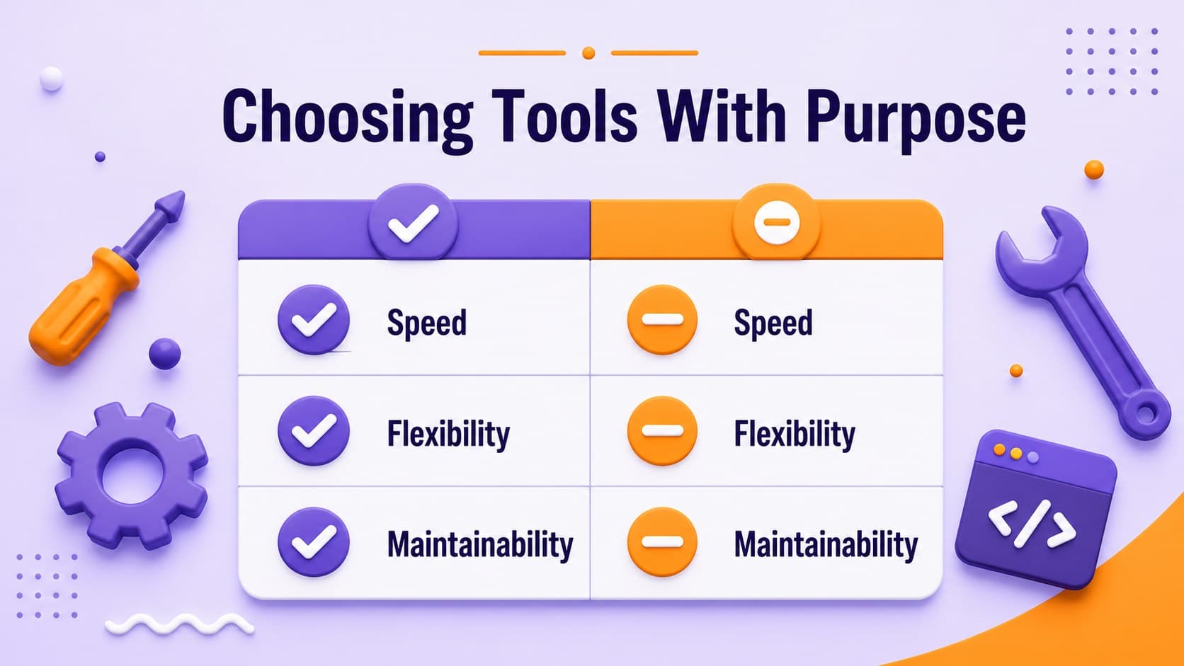Comparison slide for evaluating development tools with violet and orange visual markers.